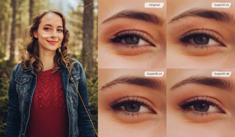 Le SuperID convertit les images de basse résolution jusqu'à 16x, offrant des détails faciaux de très haute qualité comme les cils et les pupilles.