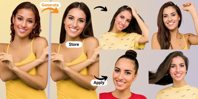 Une photo d'une femme souriante, pour qui une nouvelle identité a été générée et utilisée dans différentes poses, expressions, looks et coiffures avec EraseID.