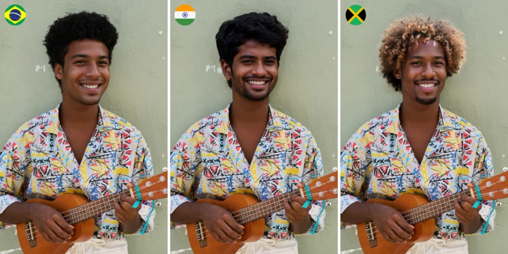 Drei Männer mit unterschiedlichen Gesichtern und Frisuren, die eine Ukulele in der Hand halten und ein farbenfrohes Hemd tragen, sind mit ihren jeweiligen Nationalflaggen von Brasilien, Indien und Jamaika abgebildet. Ihre unterschiedlichen ethnischen Zugehörigkeiten wurden von EraseID künstlich generiert.