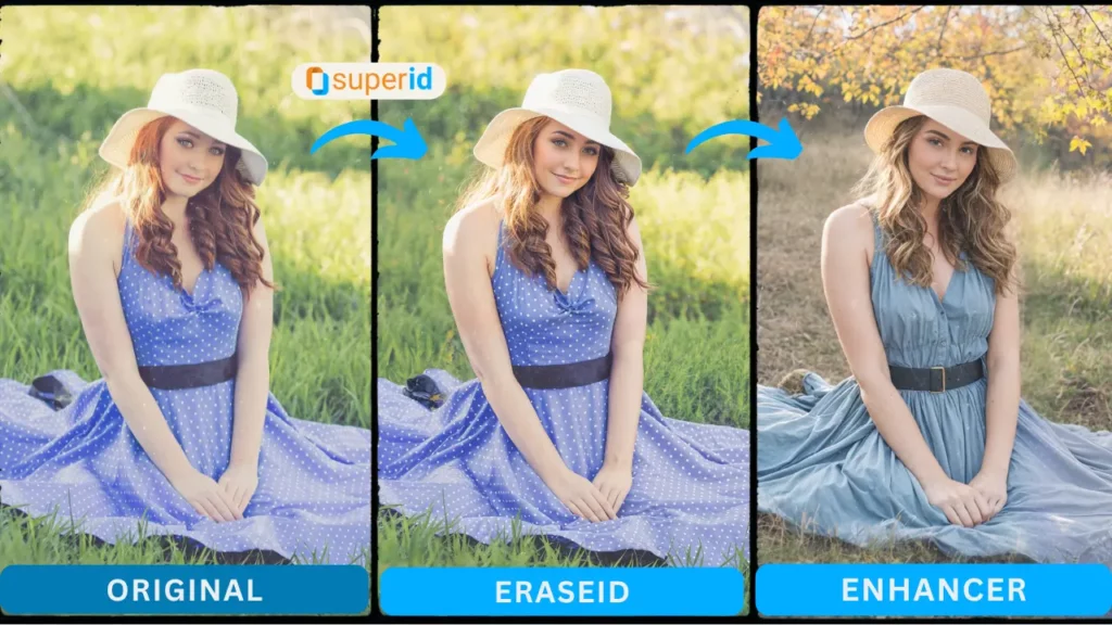SuperID propose la fonction AI Photo Face Enhancer d'une jeune fille assise sur l'herbe