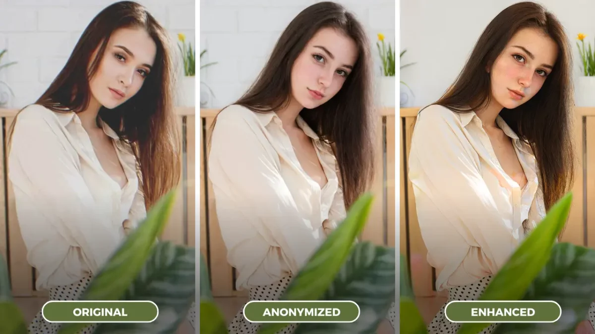 AI Face Fixer, image d'une belle fille posant pour une photo de l'original à l'anonymisé puis à la comparaison d'images améliorées
