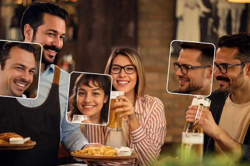 Anonimizzazione biometrica GDPR tramite EraseID su persone sedute in un bar