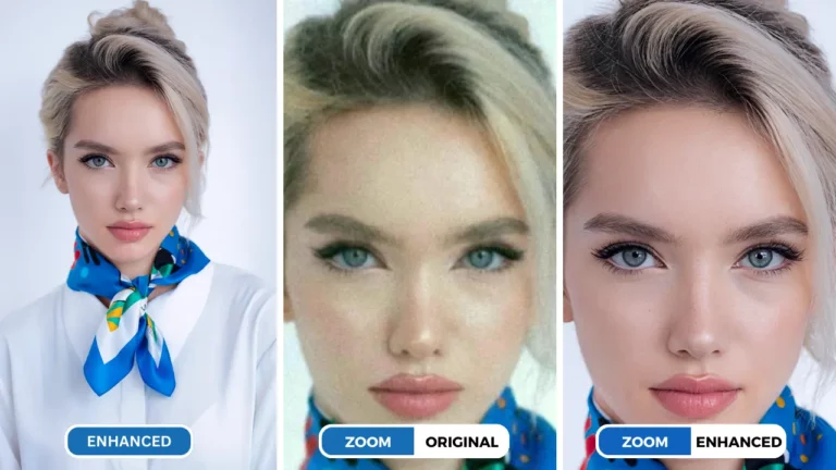 ai photo resolution enhancer gros plan d'une fille portant un haut blanc et une écharpe bleue