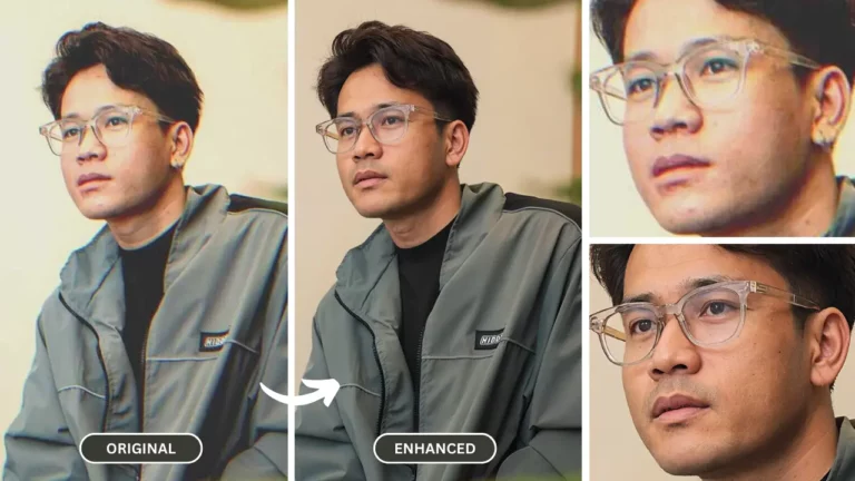 améliorer la qualité de l'image en utilisant l'IA de SuperID sur une photo d'un homme portant des lunettes
