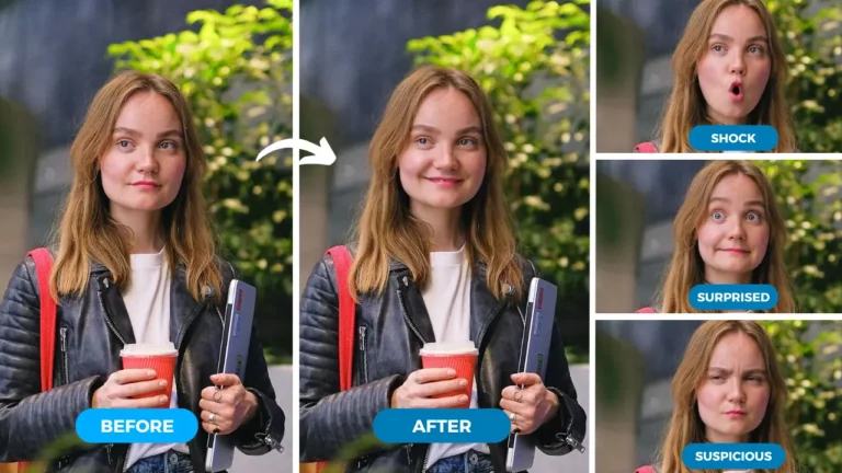 Visage souriant d'une jeune femme, dont les expressions sont modifiées à l'aide de l'IA de l'outil EraseID