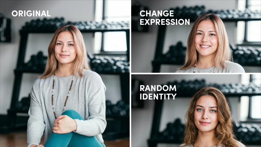 tre varianti di un'immagine con volti diversi modificati con PiktID AI API