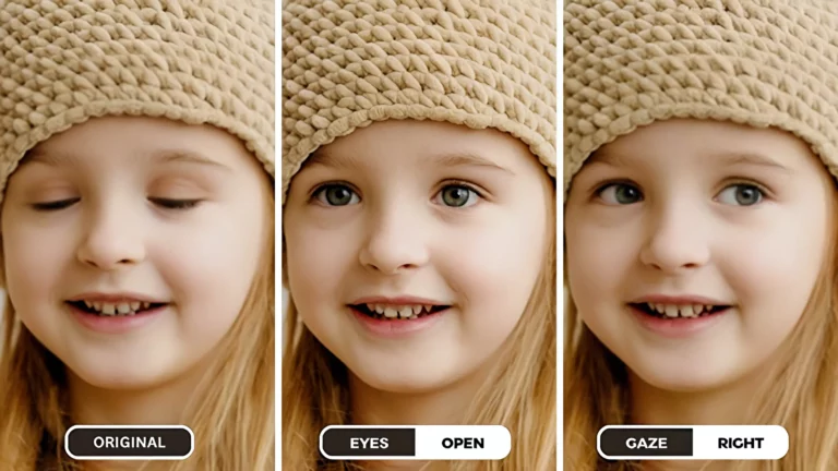 Outil Eye Opener de EraseID utilisé sur une image d'une petite fille portant un chapeau marron
