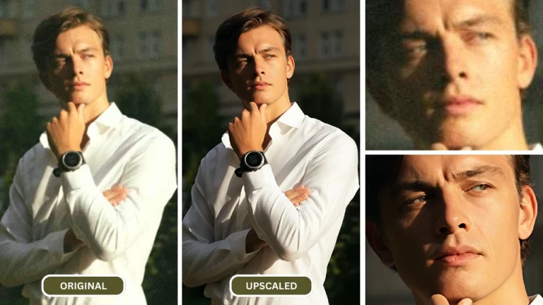 L'IA affine l'image à l'aide de SuperID sur une image d'un homme blond portant une chemise blanche et une montre