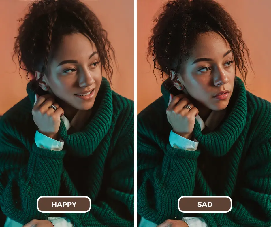 Une femme portant un haut vert foncé changeant ses expressions de joyeuse à triste en utilisant le filtre de visage triste EraseID