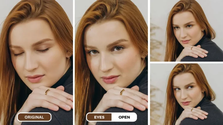 comment ouvrir les yeux sur une photo et changer la direction du regard d'une femme portant une bague en or et un haut gris aux cheveux blonds