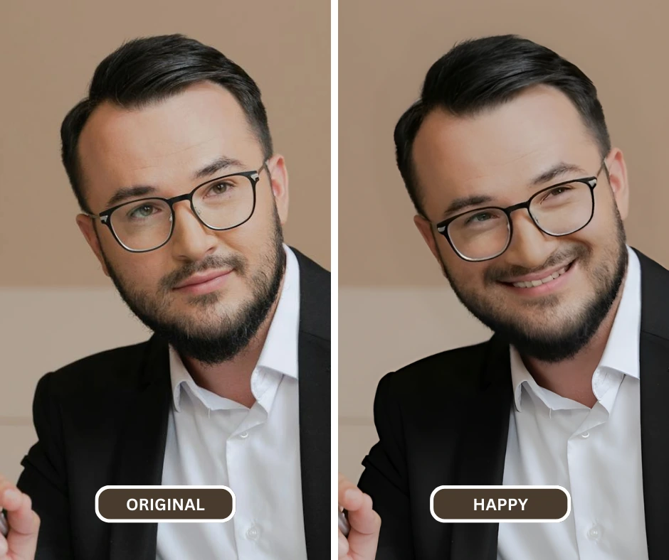 Ouvre-yeux photo AI et changement d'expressions des yeux ouverts à un visage heureux