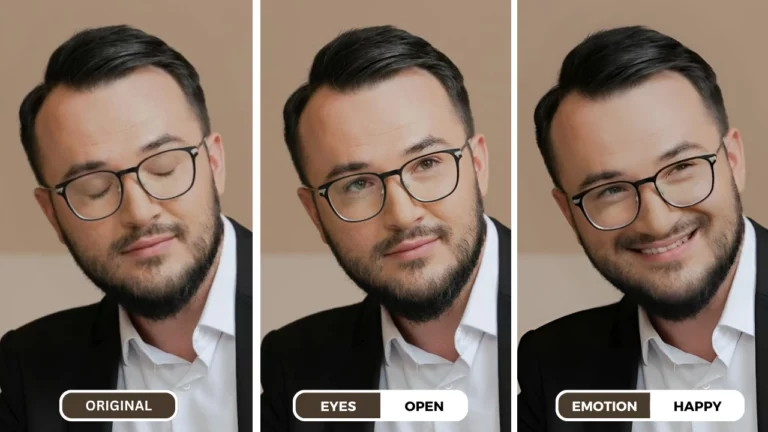 Ouvre-yeux photo AI utilisant EraseID sur un homme portant un costume noir et des lunettes