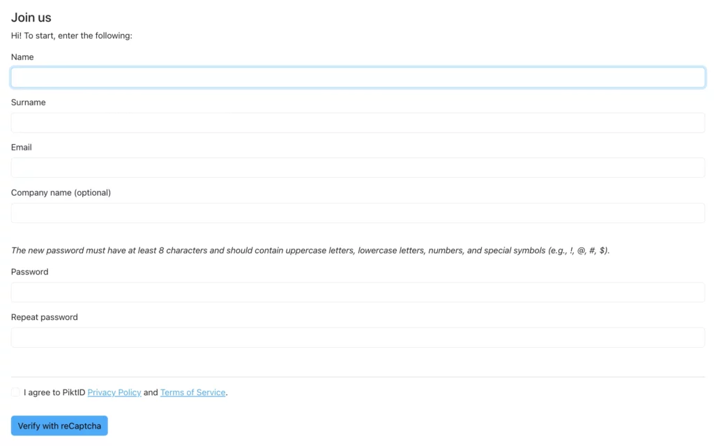 Page d'inscription PiktID pour un nouvel utilisateur