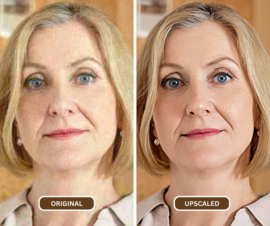 Affûteur d'images ai par SuperID montrant une image originale et agrandie d'une femme blonde aux yeux bleus