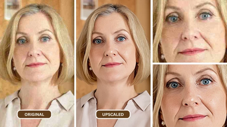 affûteur d'image ai utilisé sur une image d'une vieille femme aux yeux bleus et portant une chemise de bureau couleur crème