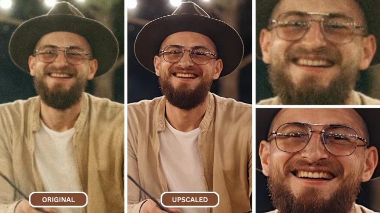 API de mise à l'échelle d'image ai d'une image originale et mise à l'échelle d'un homme en camping portant un chapeau et des lunettes