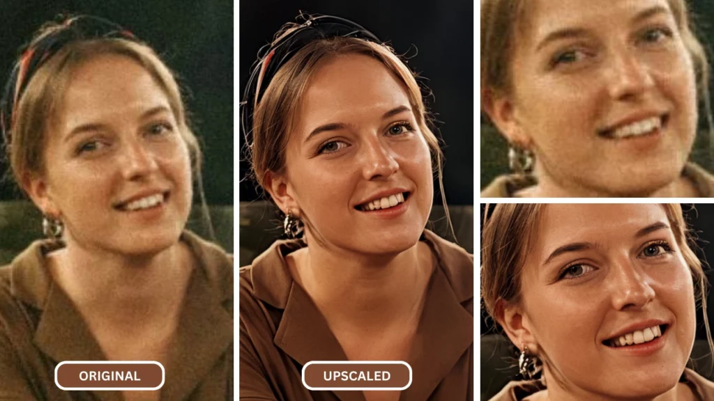 API de mise à l'échelle d'images AI d'une femme portant un haut marron et des revenus en camping dans les bois