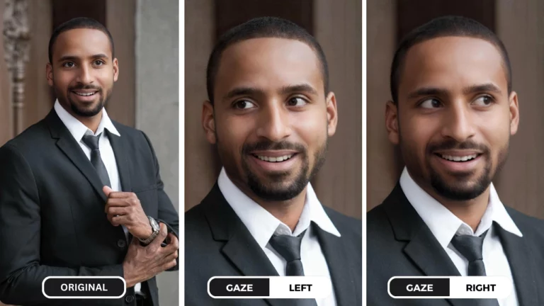 changer la direction du regard en ligne d'un homme en costume noir changeant la direction du regard en utilisant EraseID