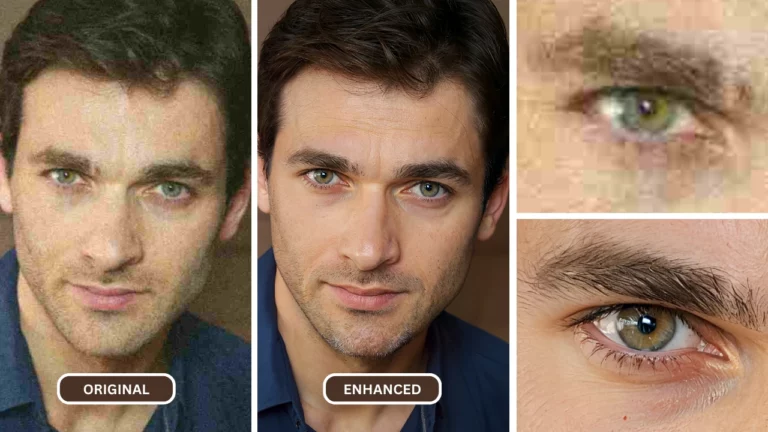 Suppression du flou avec SuperID sur un homme aux yeux verts et au polo bleu
