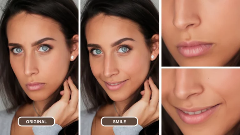 filtre smile ai utilisé sur une image d'une femme aux yeux bleus et au haut gris avec des boucles d'oreilles