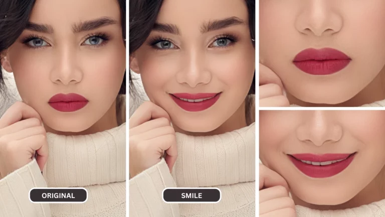 éditeur de photos souriant d'une fille en pull blanc et rouge à lèvres rouge