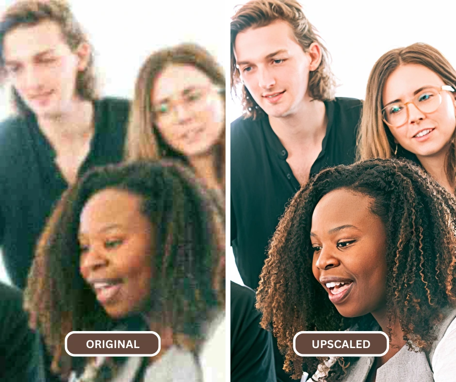 Gruppo di colleghi che lavorano insieme mentre la loro immagine sfocata viene ingrandita utilizzando SuperID