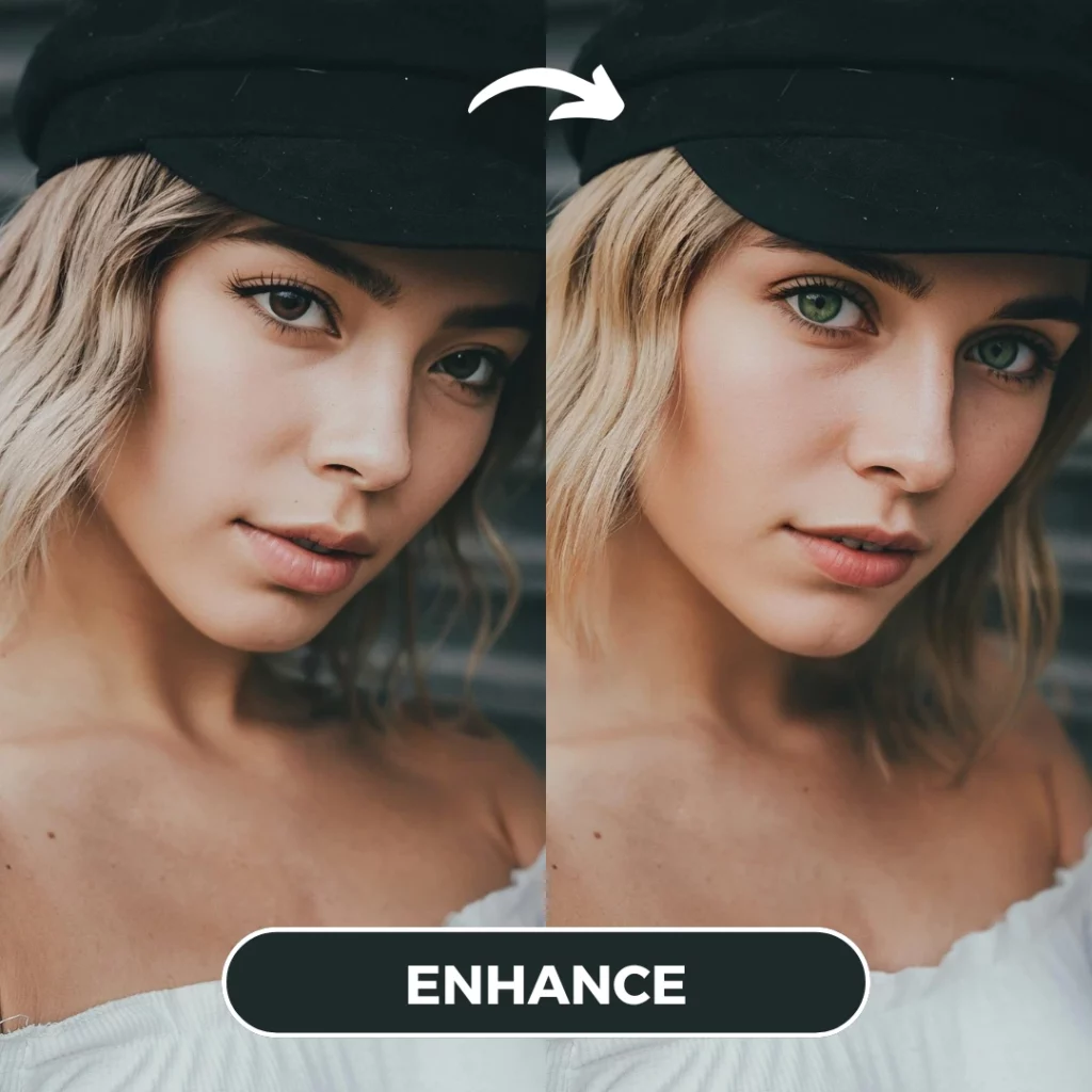 AI Face Enhancer di EraseID di una ragazza bionda con berretto nero e top bianco