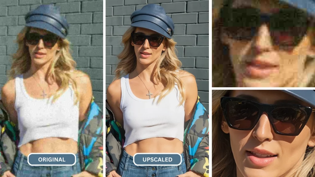 Immagine ingrandita di una donna in canottiera e occhiali da sole mentre indossa un berretto blu