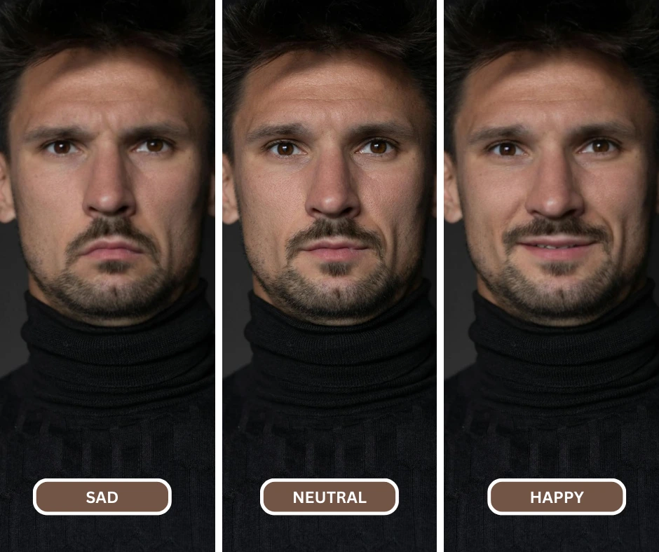 Uomo barbuto in dolcevita nero espressioni multiple usando EraseID