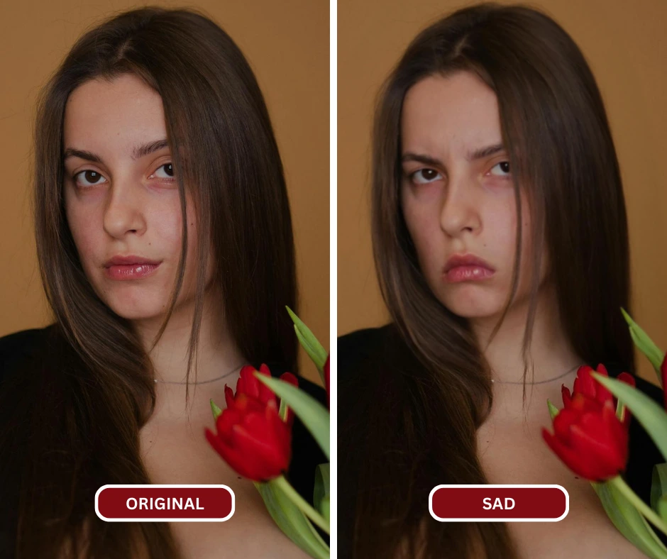 Sad Face AI di EraseID utilizzata su un'immagine di una donna che tiene in mano un tulipano rosso