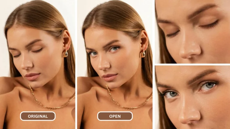 Femme avec des boucles d'oreilles et un collier en or, les yeux ouverts à l'aide de AI Eye Fixer EraseID