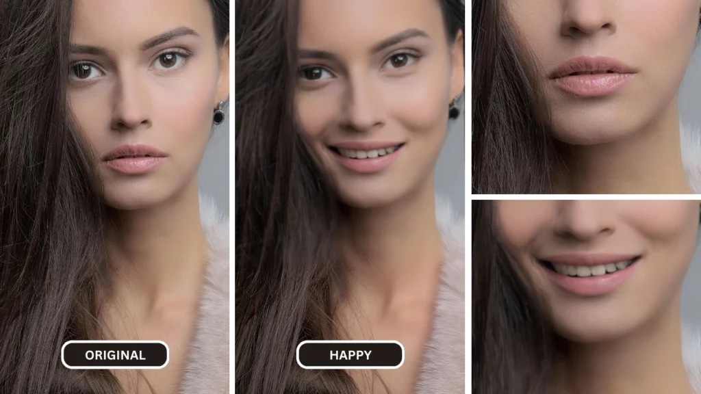 Una donna con orecchini neri e top peloso felice usando EraseID