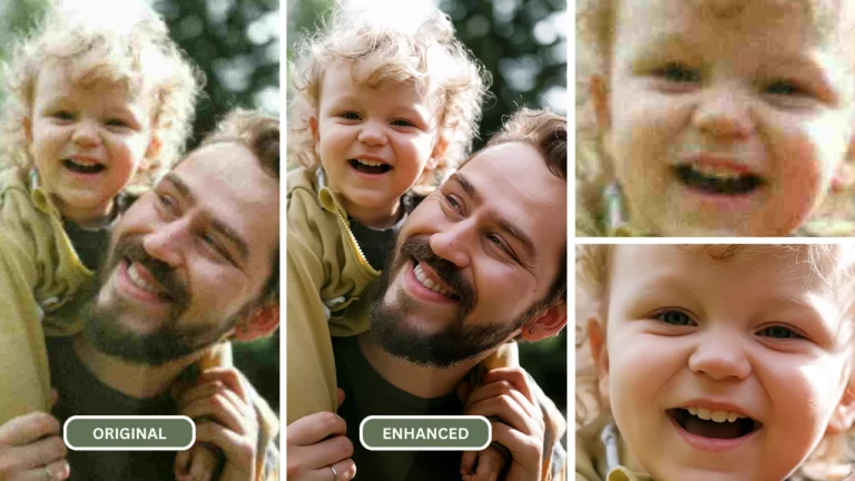 Image agrandie d'un homme avec son fils sur le dos, souriant et riant