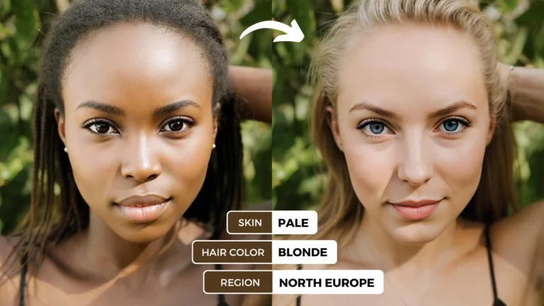 Exemple de tutoriel EraseID : transformation d'identité alimentée par l'IA avec modification du teint, de la couleur des cheveux et des traits régionaux.