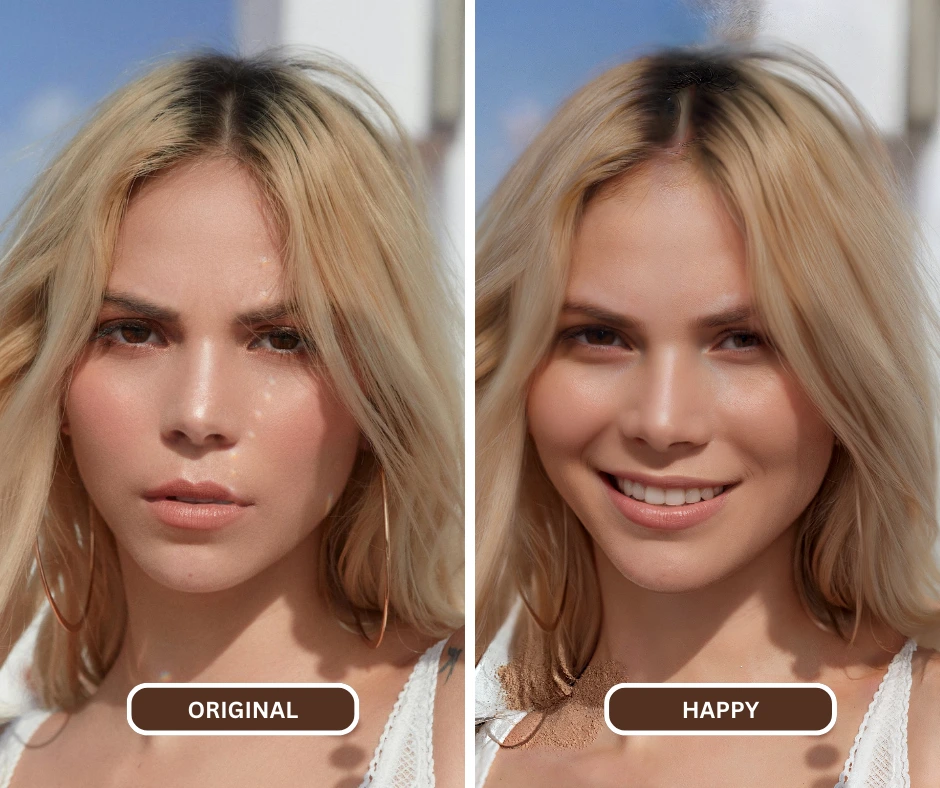 Nahaufnahme einer glücklichen blonden Frau nach der Bildbearbeitung mit eraseid