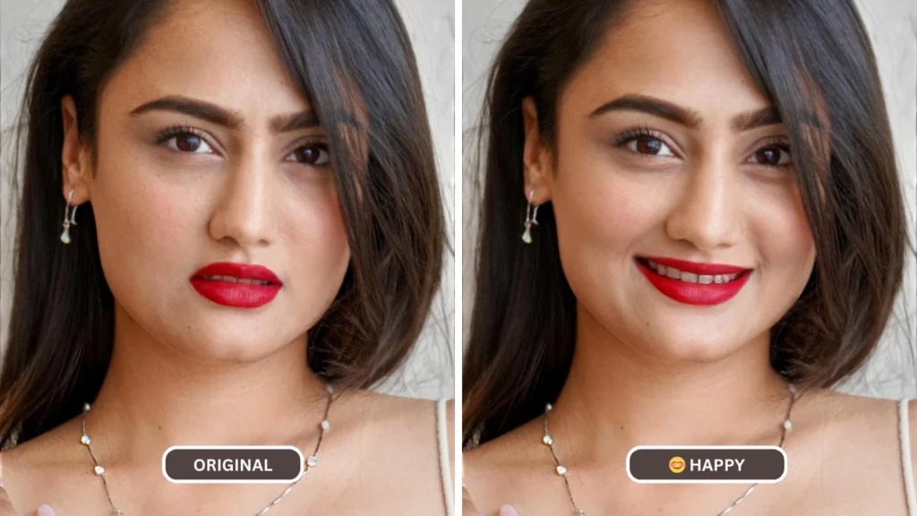 Nahaufnahme einer indischen Frau mit dunkelbraunem Haar und rotem Lippenstift