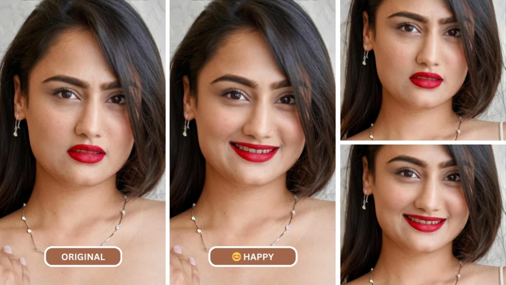 Indische Frau mit rotem Lippenstift und Halskette glücklich mit EraseID