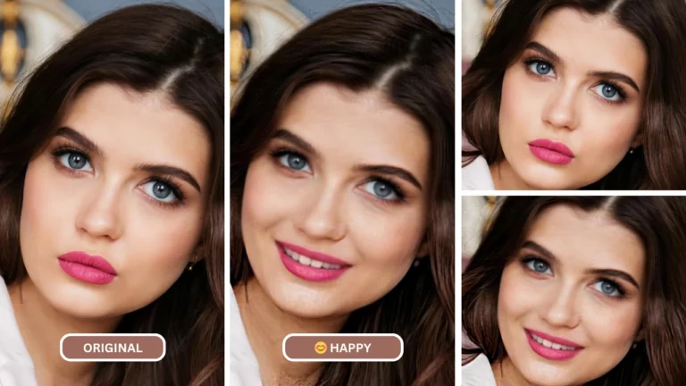 L'éditeur de sourire nommé EraseID est utilisé sur une image d'une jeune femme aux yeux bleus et au rouge à lèvres
