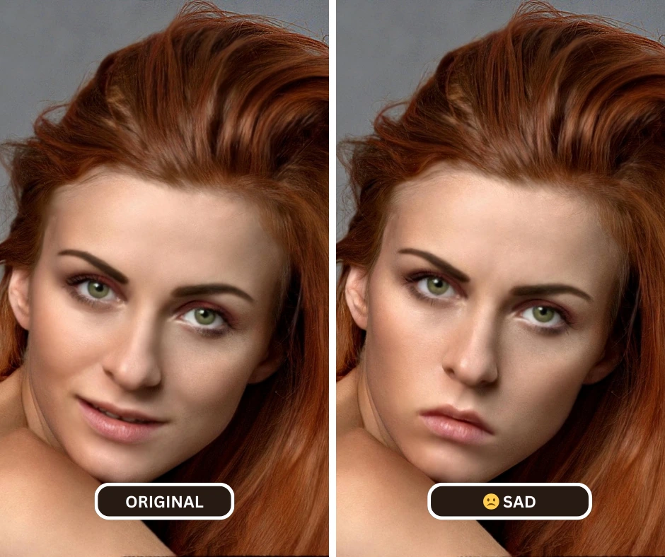 donna con capelli rossi e occhi verdi primo piano confronto faccia triste filtro online