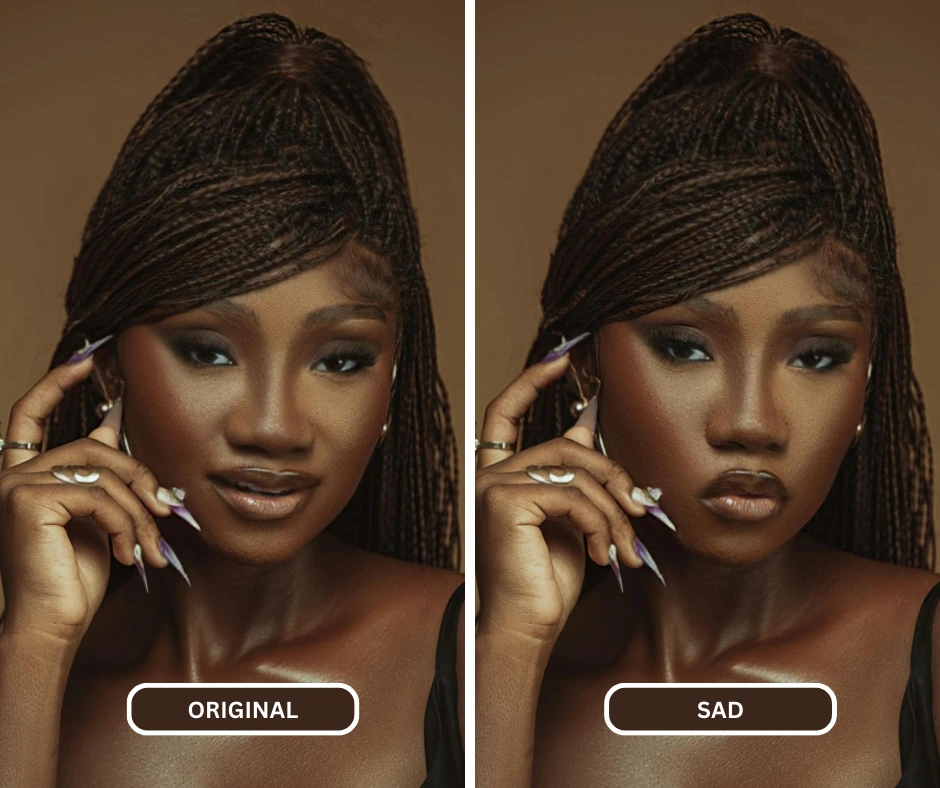 Confronto di immagini ravvicinate di una donna con trecce e top nero che fa un'espressione triste usando EraseID