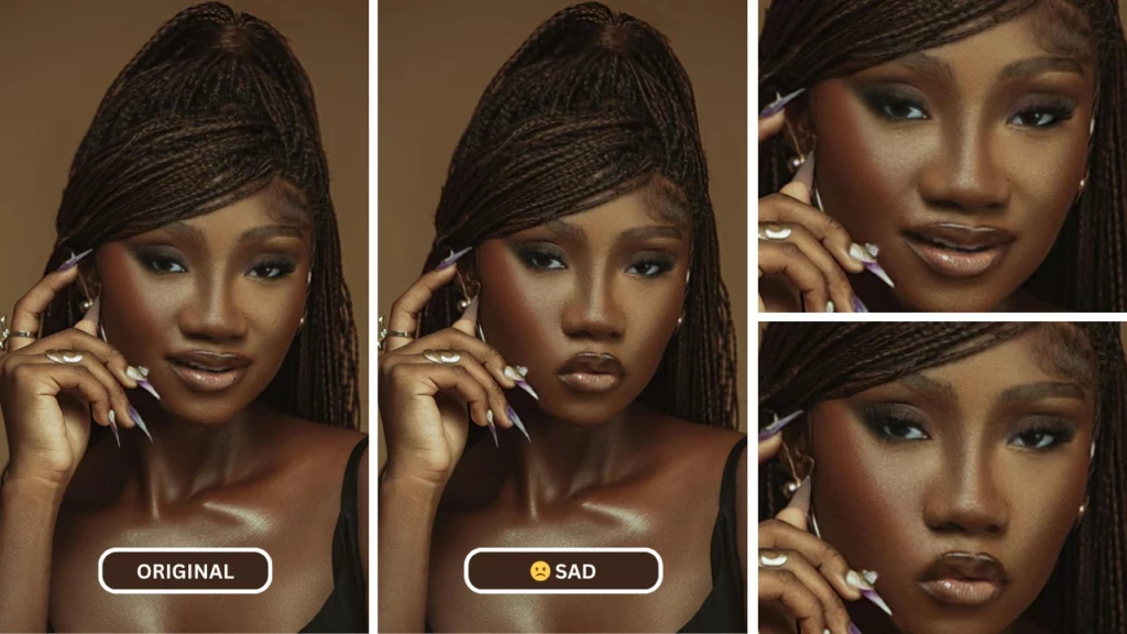 Donna con trecce e unghie lunghe ha fatto espressioni tristi usando l'intelligenza artificiale di EraseID