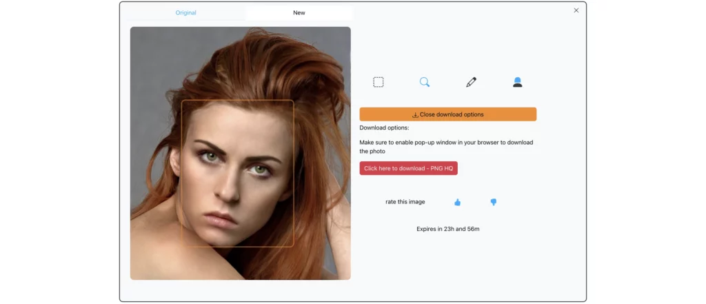 filtro faccia triste online denominato EraseID utilizzato su un'immagine di una donna con i capelli rossi e gli occhi verdi