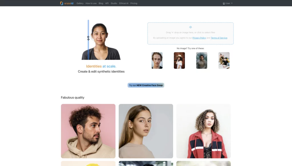 Homepage di EraseID per caricare la tua immagine