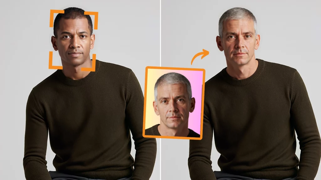 Cambiare l'identità di un uomo con una felpa verde in un vecchio con i capelli grigi