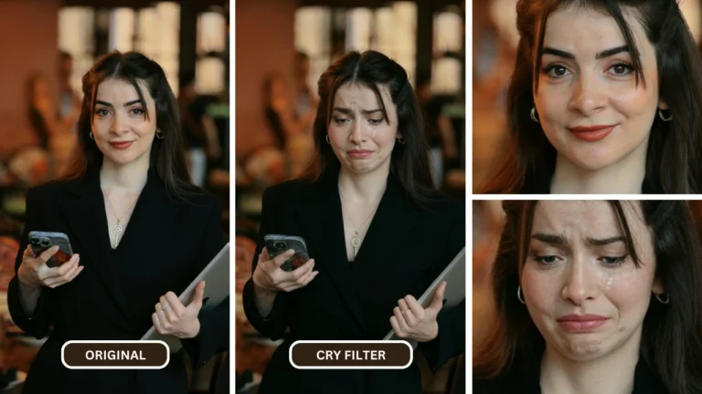 Utilisation d'une application de filtre de pleurs sur une image d'une jeune fille en tenue noire tout en tenant un ordinateur portable