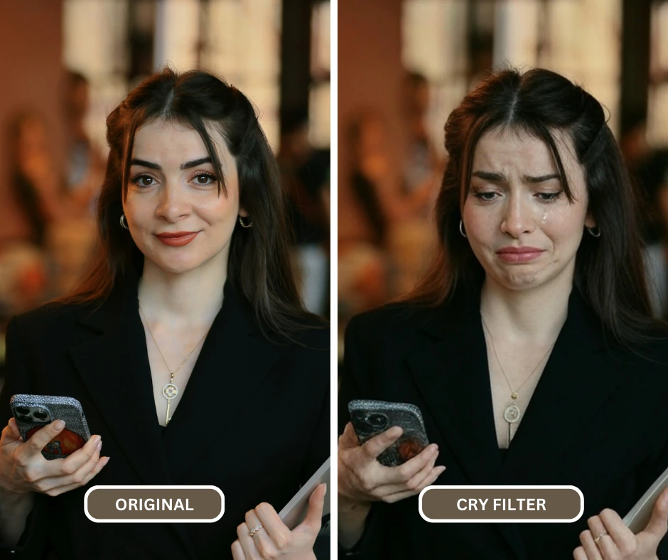 EraseID viene utilizzato come app di filtro per il pianto, creando un'immagine di una donna in abito nero e collana che piange