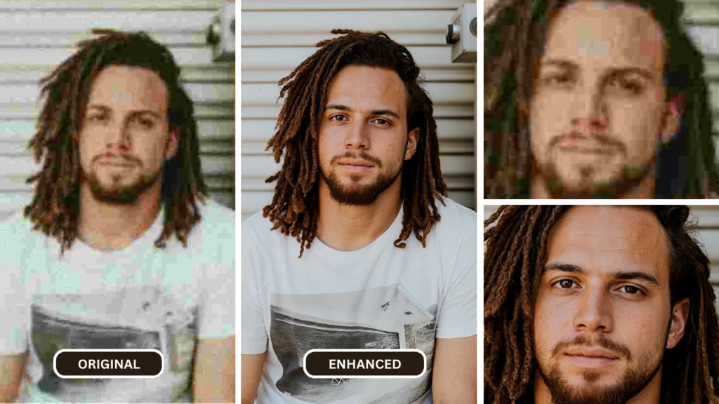 Uomo con trecce e barba in posa per un'immagine ora migliorata dopo SuperID