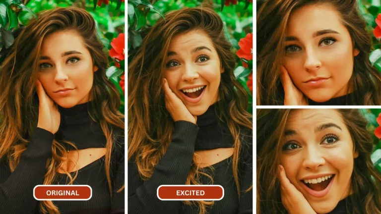 expression faciale excitée d'une belle jeune femme en haut noir et cheveux bruns