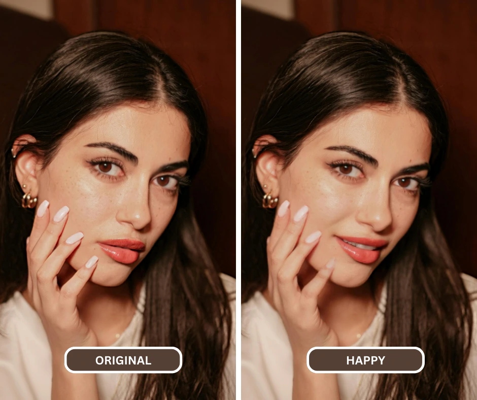 Creare espressioni felici di una ragazza con i capelli neri e una maglietta bianca