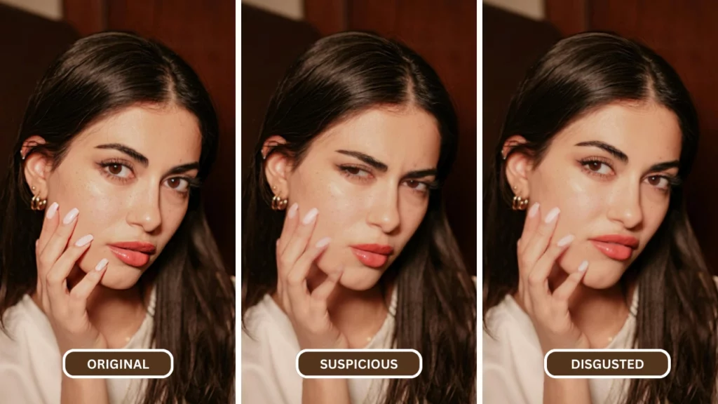 Creazione di più immagini dall'editor di espressioni denominato EraseID su una ragazza con maglietta bianca e rossetto rosa